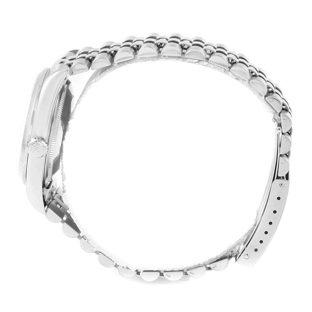 The image shows a side view of a Rolex Datejust 16200 Men's Stainless Steel White Dial 16200 Men's Stainless Steel White Dial watch, highlighting its case and jubilee bracelet.