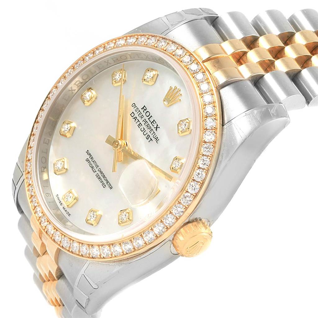 The image shows a close-up of a Rolex Datejust 116243 Stainless Steel Mother of Pearl Dial 116243 Stainless Steel Mother of Pearl Dial watch, highlighting the dial, bezel, and part of the bracelet.