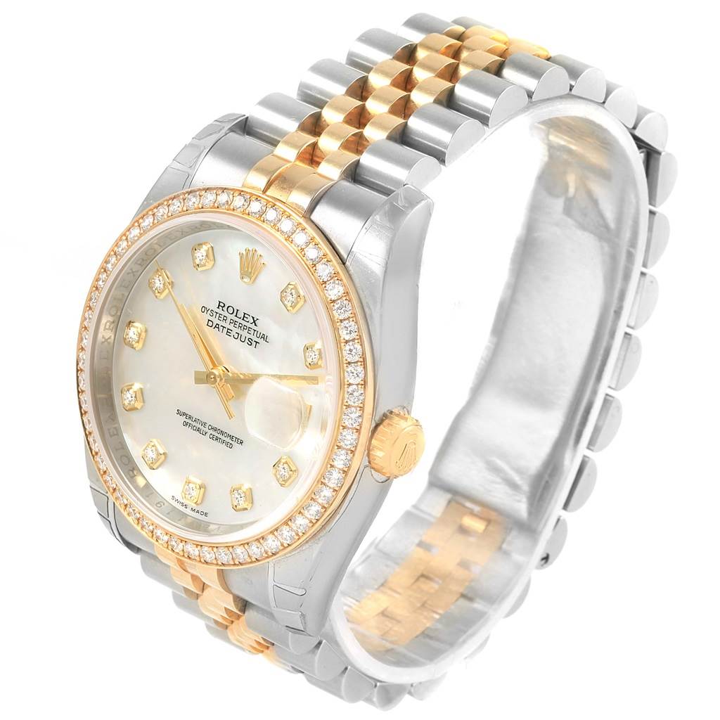 This image shows a Rolex Datejust 116243 Stainless Steel Mother of Pearl Dial 116243 Stainless Steel Mother of Pearl Dial watch at a slightly tilted angle, displaying the face, bezel, crown, and bracelet well.