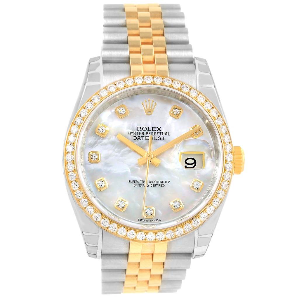 The image shows a frontal view of a Rolex Datejust 116243 Stainless Steel Mother of Pearl Dial 116243 Stainless Steel Mother of Pearl Dial watch, featuring a gold and silver bracelet and a diamond bezel.