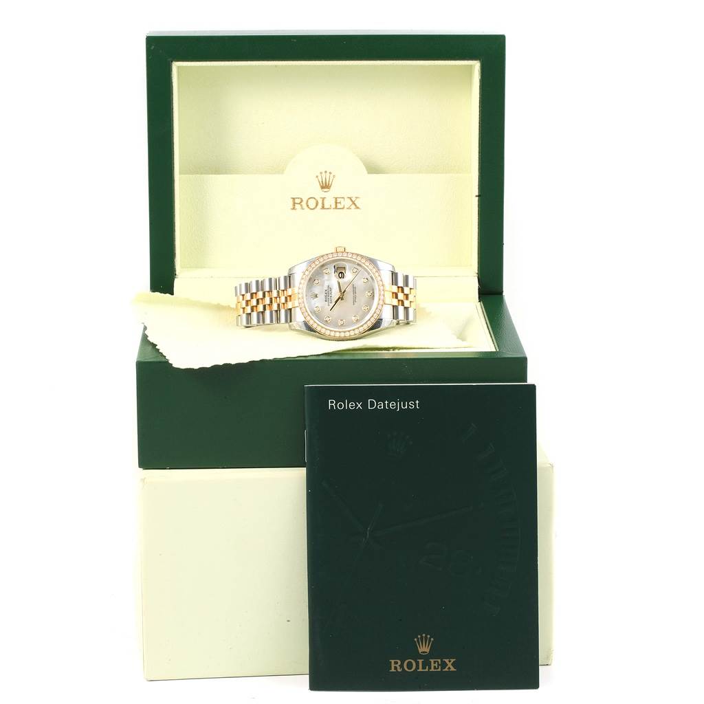 The image shows a Rolex Datejust 116243 Stainless Steel Mother of Pearl Dial 116243 Stainless Steel Mother of Pearl Dial watch in its open box, with a manual in front.