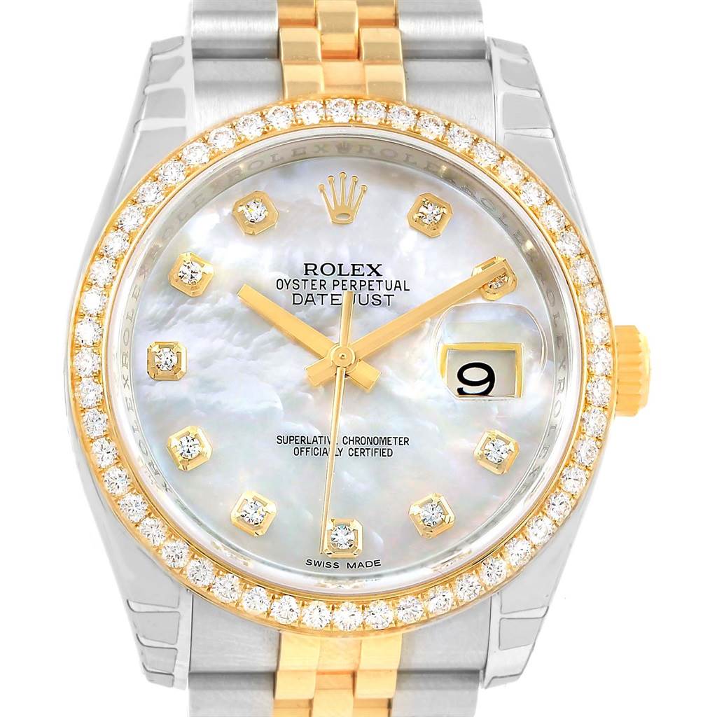 The image shows a front view of a Rolex Datejust 116243 Stainless Steel Mother of Pearl Dial 116243 Stainless Steel Mother of Pearl Dial watch featuring a mother-of-pearl dial, gold bezel with diamonds, and a two-tone bracelet.