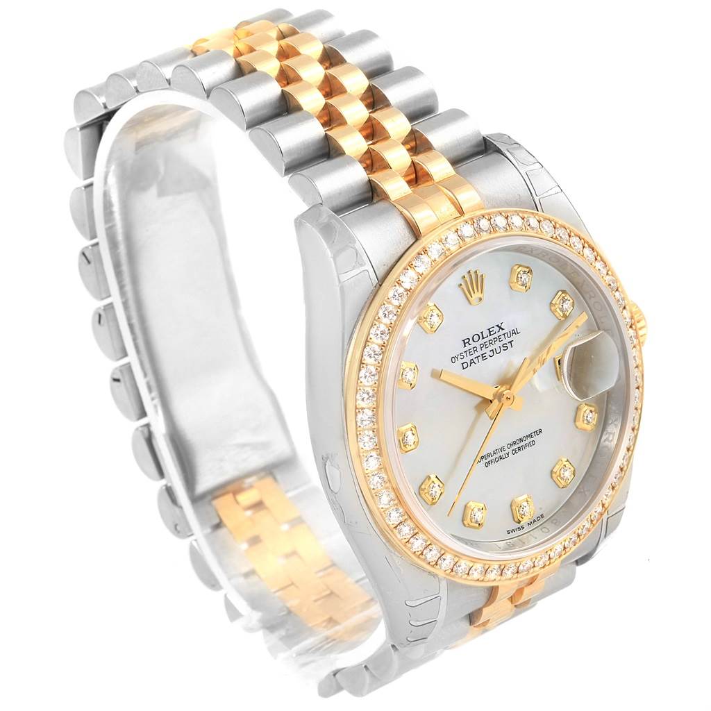 The image shows a Rolex Datejust 116243 Stainless Steel Mother of Pearl Dial 116243 Stainless Steel Mother of Pearl Dial watch at a three-quarter angle, highlighting its two-tone bracelet, diamond-accented bezel, and dial.