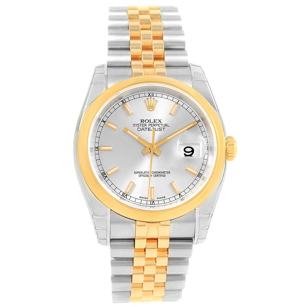 The image shows a front view of the Rolex Datejust 116203 Men's Stainless Steel Silver Dial 116203 Men's Stainless Steel Silver Dial, highlighting its dial, bezel, crown, and two-tone metal bracelet.