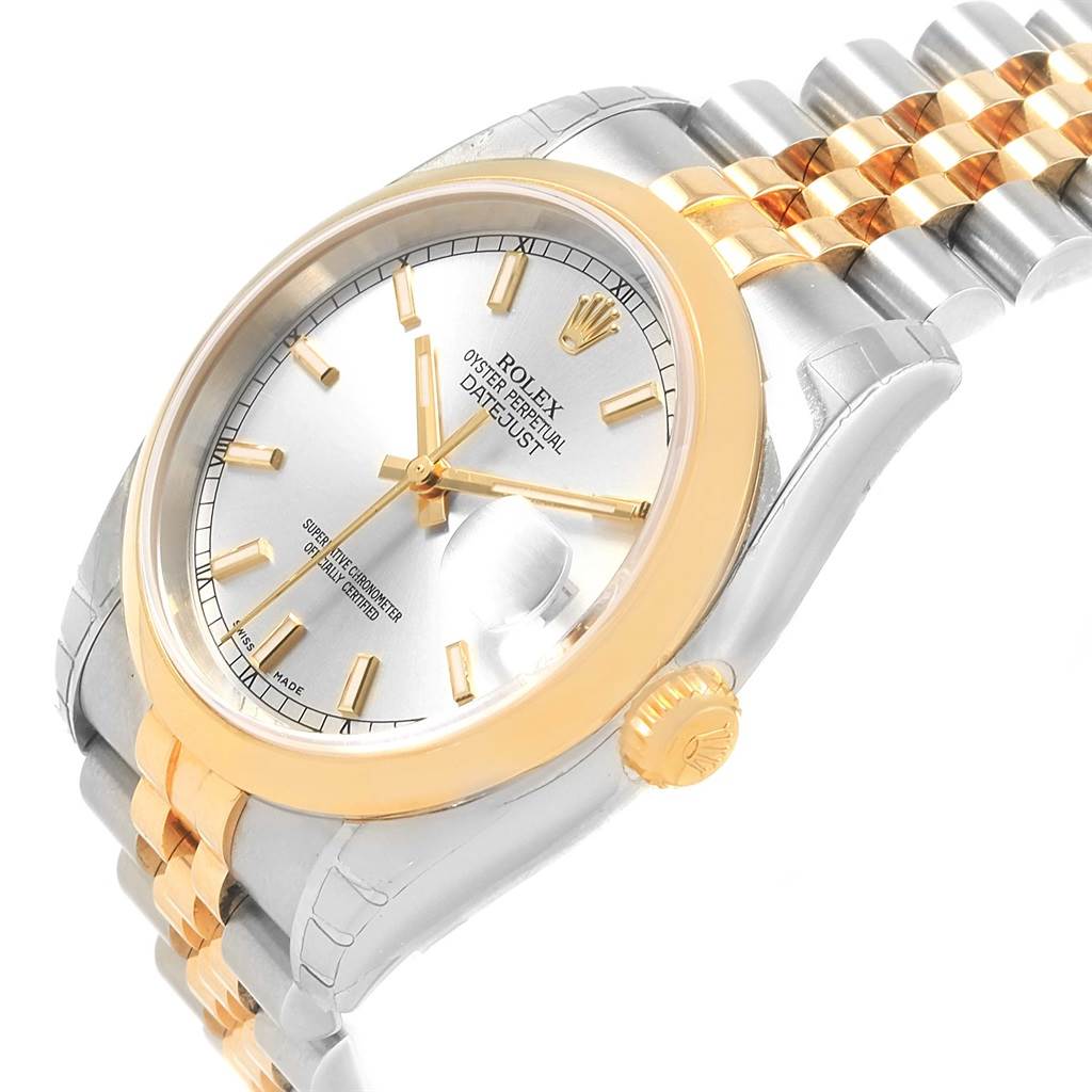 The Rolex Datejust 116203 Men's Stainless Steel Silver Dial 116203 Men's Stainless Steel Silver Dial watch is shown at a tilted angle, displaying the dial, bezel, crown, and part of the bracelet.