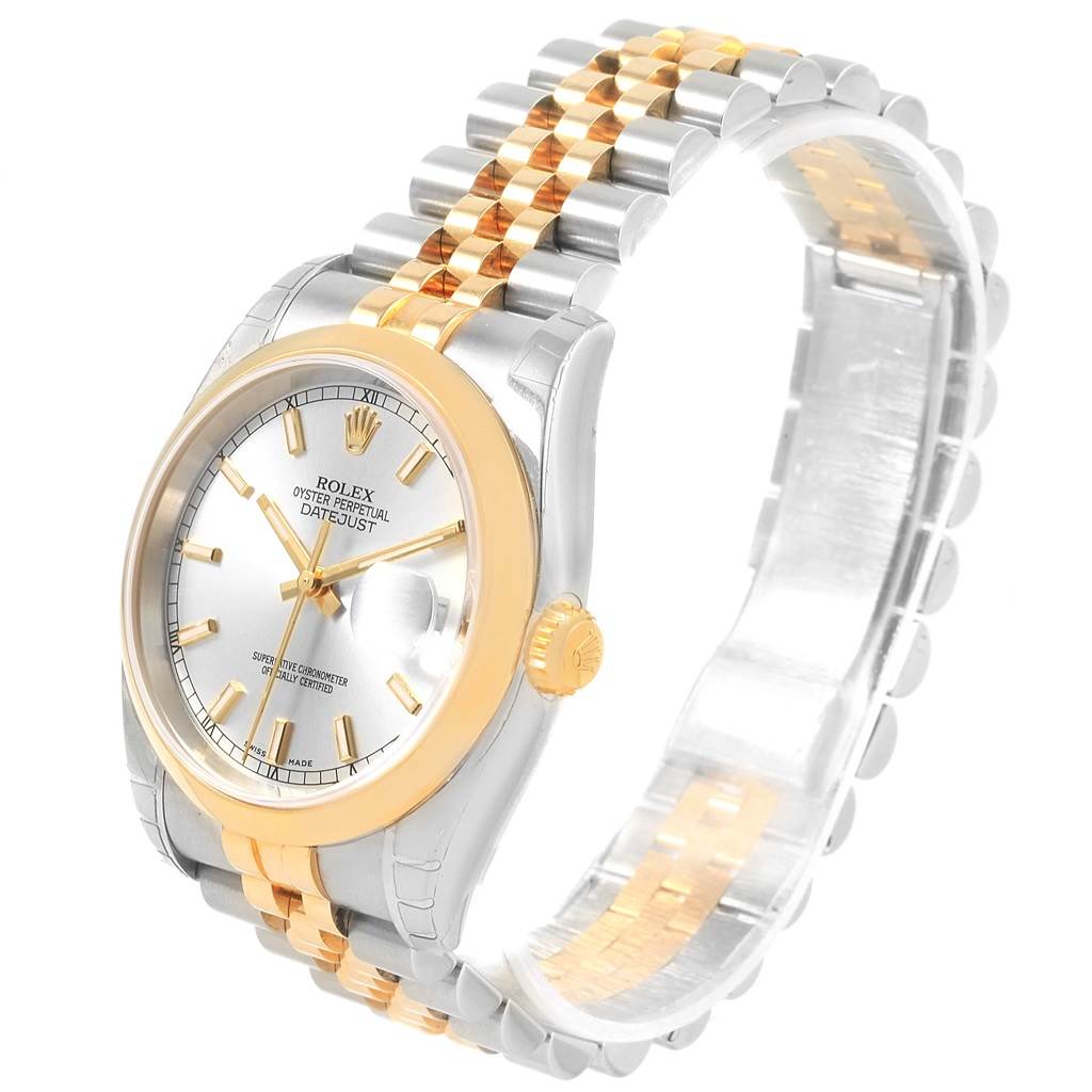 This image shows a Rolex Datejust 116203 Men's Stainless Steel Silver Dial 116203 Men's Stainless Steel Silver Dial watch at an angle highlighting the dial, bezel, crown, and bracelet.