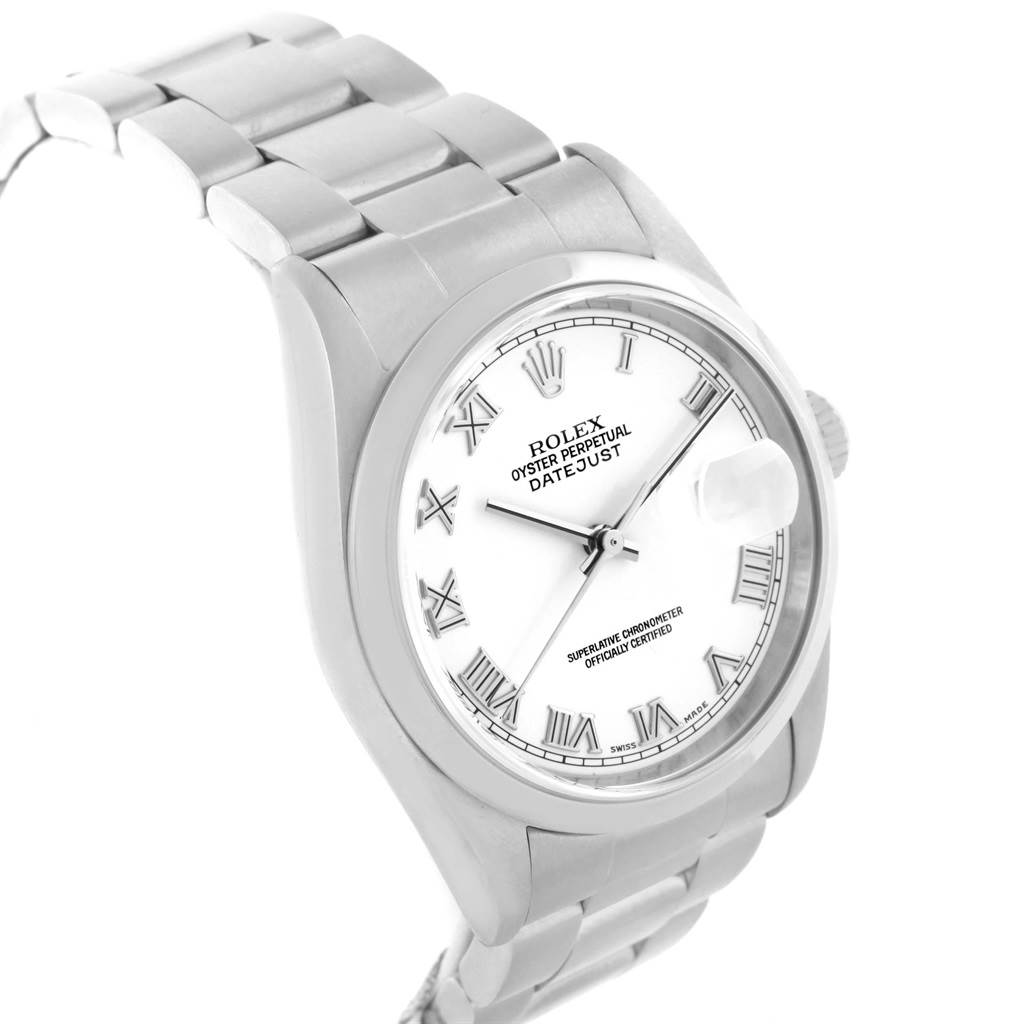 This is a Rolex Datejust 16200 Men's Stainless Steel White Dial 16200 Men's Stainless Steel White Dial watch shown from an angled front view, displaying the face, bracelet, bezel, and crown.