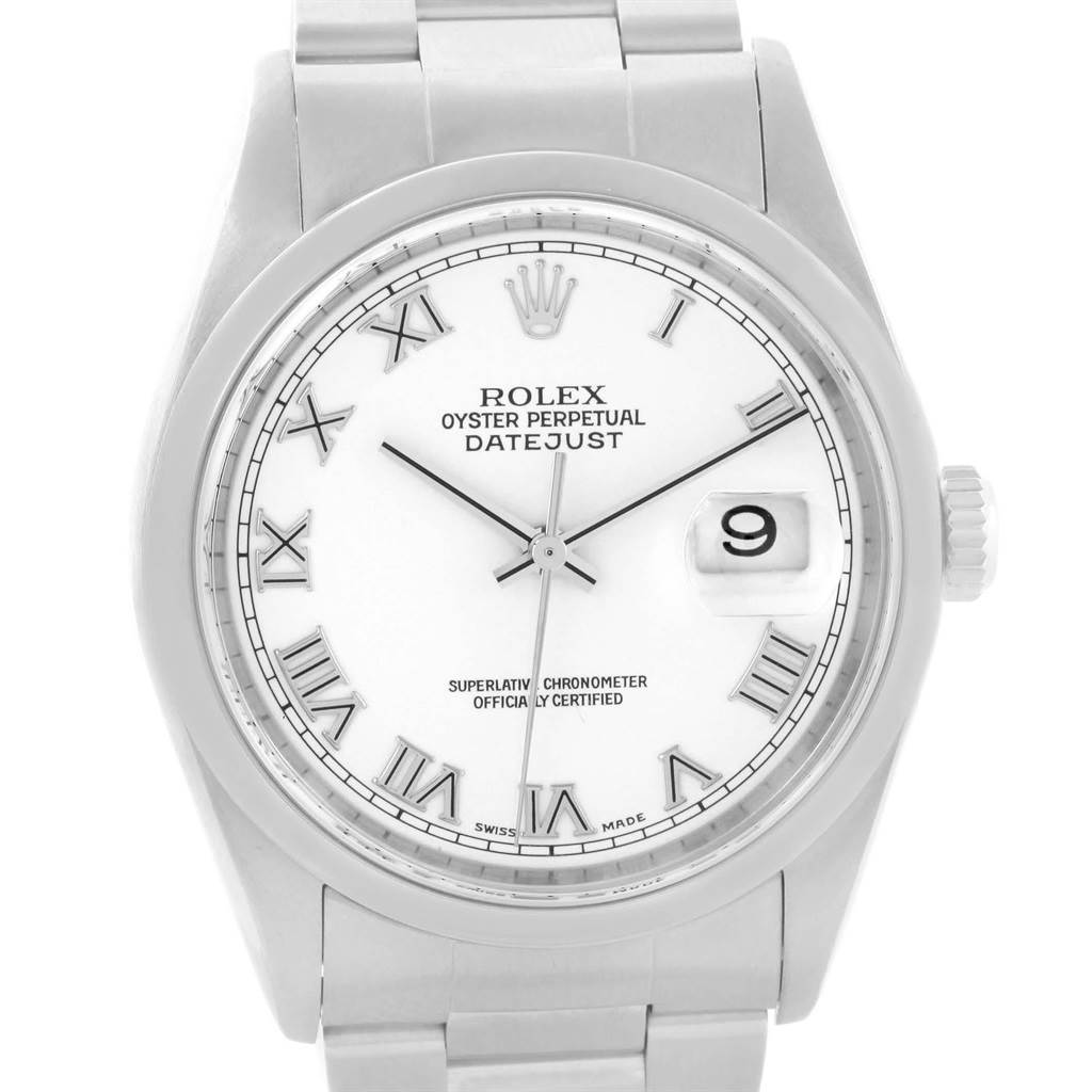 This image shows a front view of a Rolex Datejust 16200 Men's Stainless Steel White Dial 16200 Men's Stainless Steel White Dial model watch, highlighting the face, bracelet, bezel, and crown.