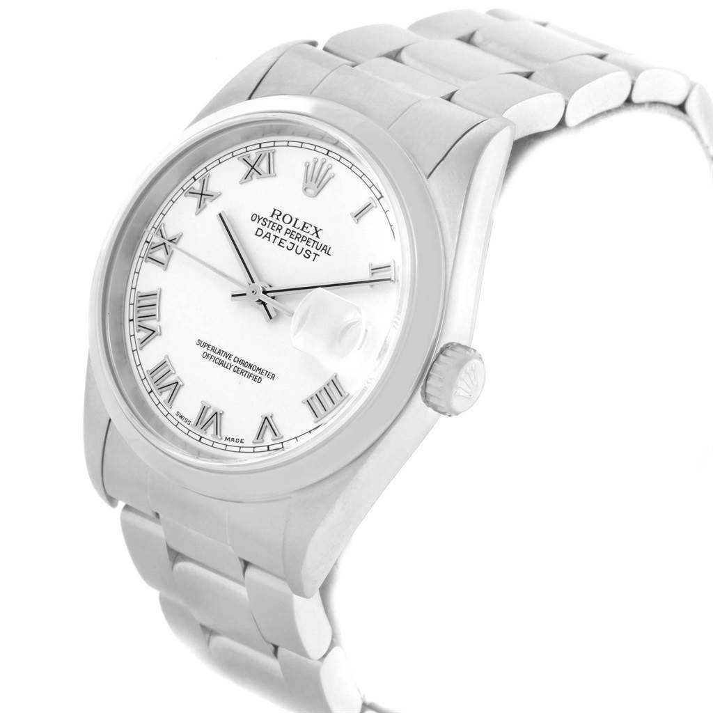 The Rolex Datejust 16200 Men's Stainless Steel White Dial 16200 Men's Stainless Steel White Dial watch is shown from a front angle, displaying the dial, bezel, and part of the bracelet.
