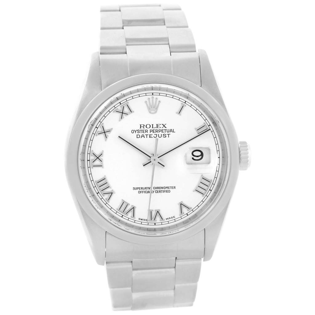The image shows a front view of a Rolex Datejust 16200 Men's Stainless Steel White Dial 16200 Men's Stainless Steel White Dial watch, displaying its face, hour markers, hands, date window, and part of the bracelet.