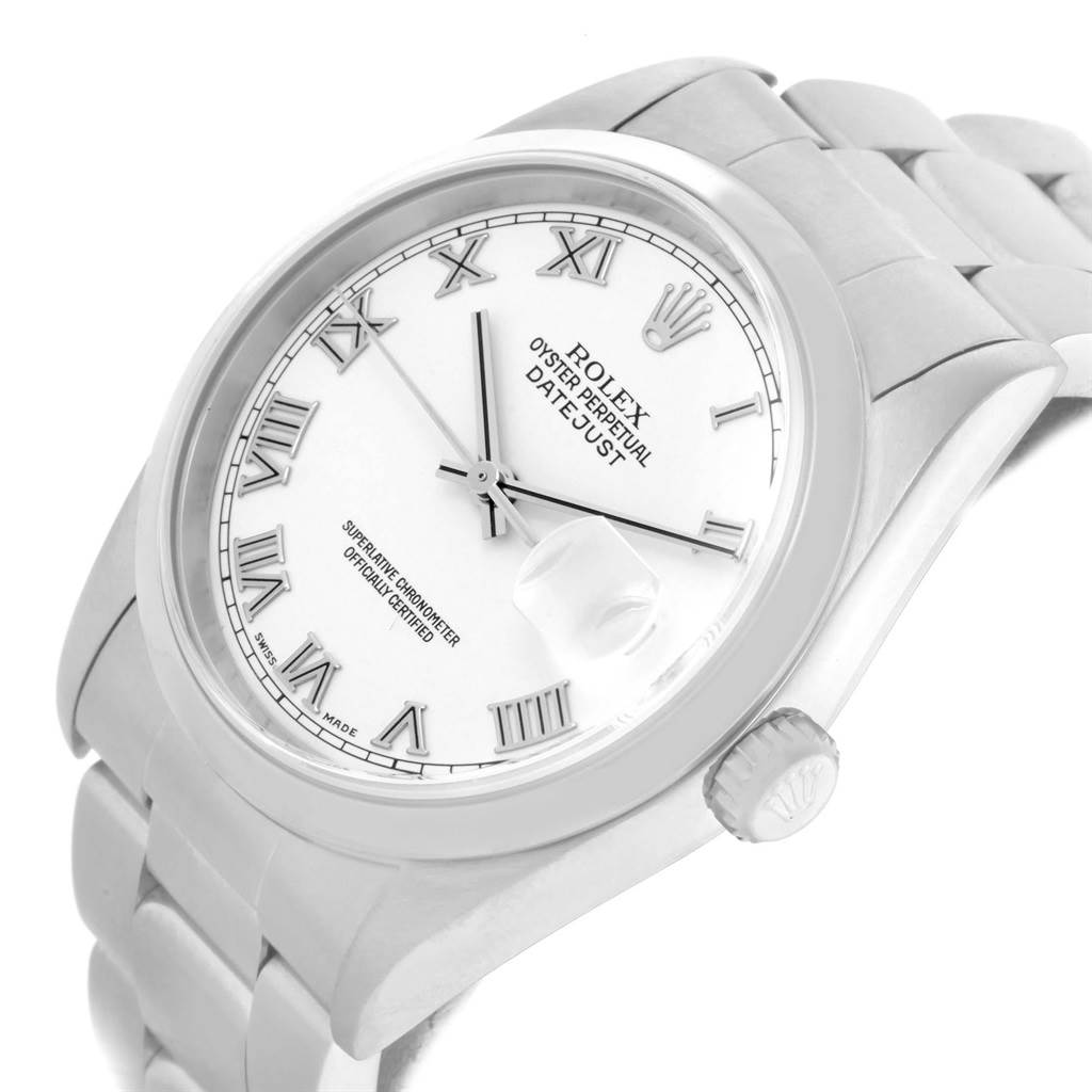 This image shows a Rolex Datejust 16200 Men's Stainless Steel White Dial 16200 Men's Stainless Steel White Dial watch at a slight angle, highlighting the face, bezel, crown, and part of the bracelet.