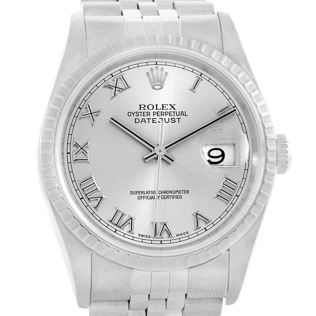 This image shows a frontal view of a Rolex Datejust 16220 Men's Stainless Steel Silver Dial 16220 Men's Stainless Steel Silver Dial watch, highlighting the dial, bezel, bracelet, and date window.
