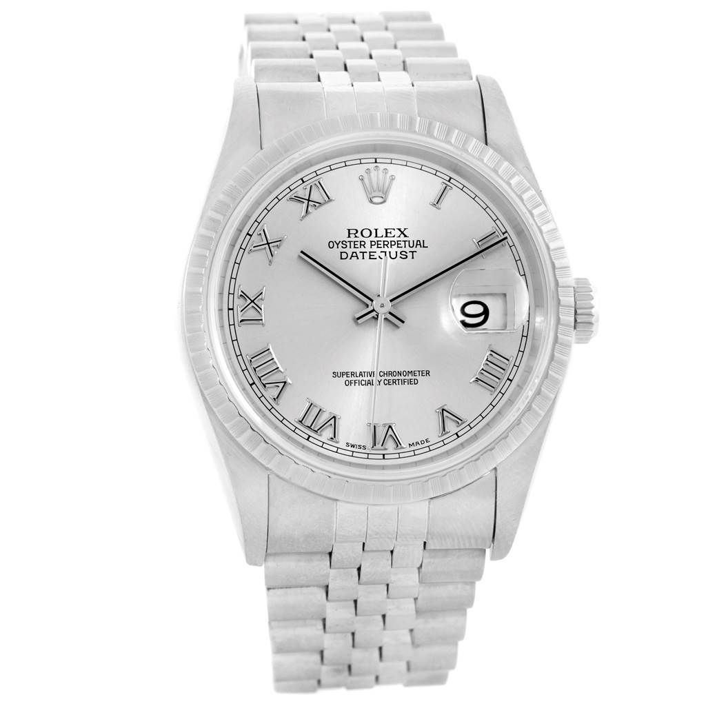 This image shows the front view of a Rolex Datejust 16220 Men's Stainless Steel Silver Dial 16220 Men's Stainless Steel Silver Dial watch, highlighting the dial, bezel, and bracelet.