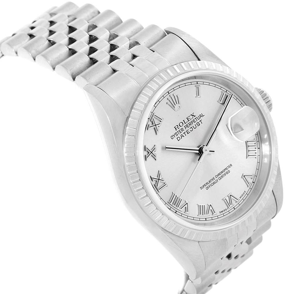 The image shows a Rolex Datejust 16220 Men's Stainless Steel Silver Dial 16220 Men's Stainless Steel Silver Dial watch at a three-quarter angle, highlighting the dial, bezel, and part of the bracelet.