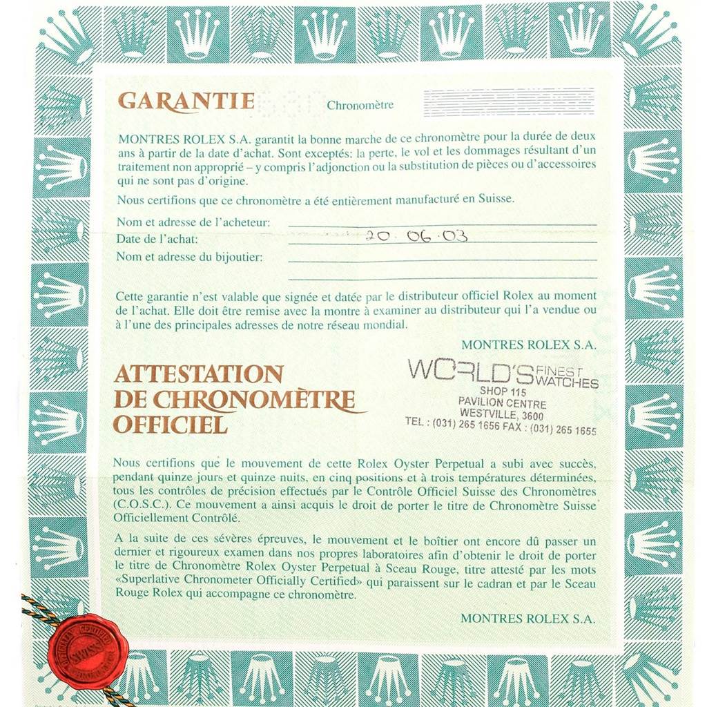 The image shows a Rolex Datejust 16220 Men's Stainless Steel Silver Dial 16220 Men's Stainless Steel Silver Dial model warranty and chronometer certificate papers.