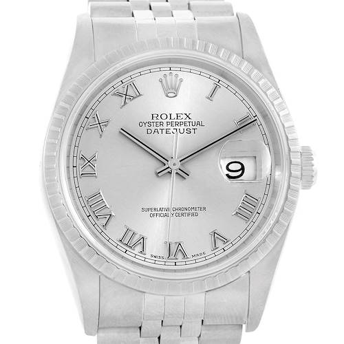 Photo of Rolex Datejust 36 Silver Roman Dial Steel Mens Watch 16220 Box Papers
