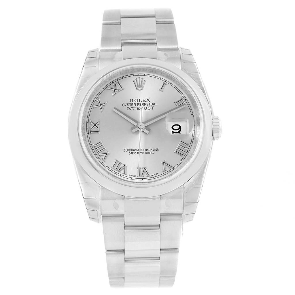 The image shows a front view of a Rolex Datejust 116200 Men's Stainless Steel Silver Dial 116200 Men's Stainless Steel Silver Dial watch, displaying the face, bracelet, and bezel.