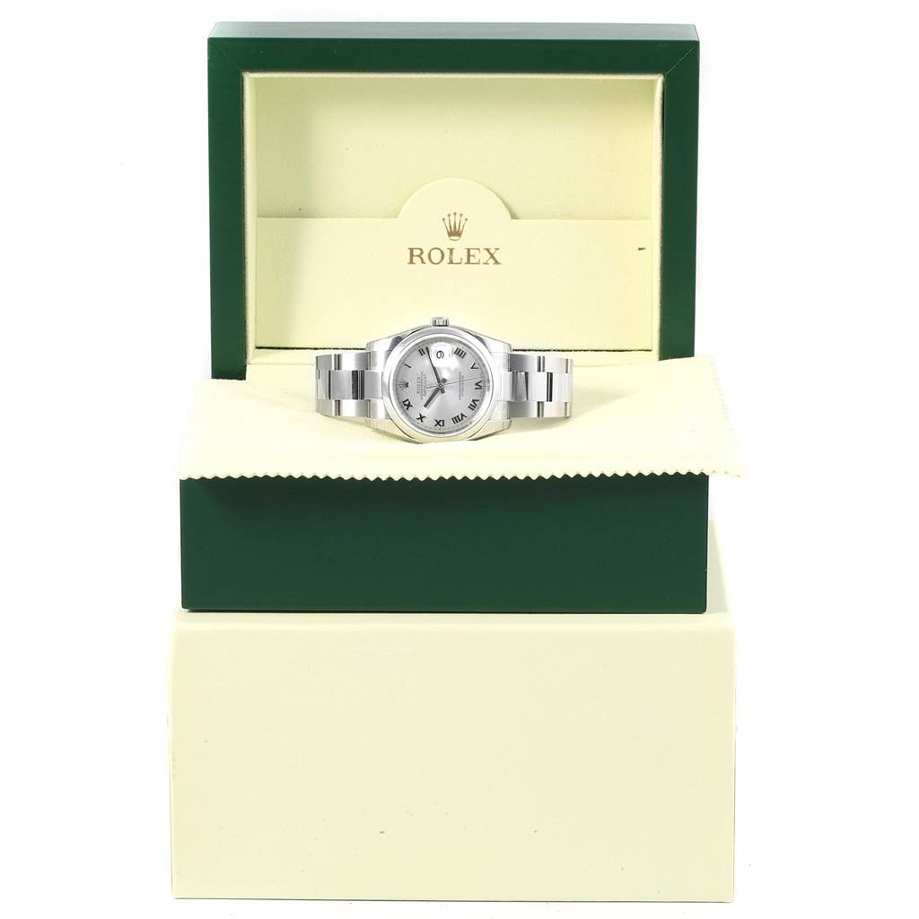 The Rolex Datejust 116200 Men's Stainless Steel Silver Dial 116200 Men's Stainless Steel Silver Dial watch is displayed inside its box, showing a frontal view of the entire watch and packaging.