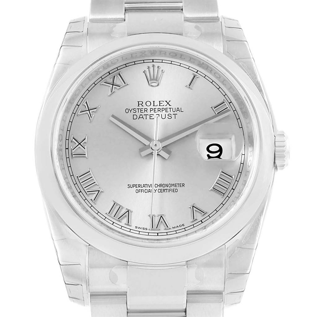 The image shows a front view of a Rolex Datejust 116200 Men's Stainless Steel Silver Dial 116200 Men's Stainless Steel Silver Dial watch, displaying the dial, hands, Roman numeral markers, and date magnifier.