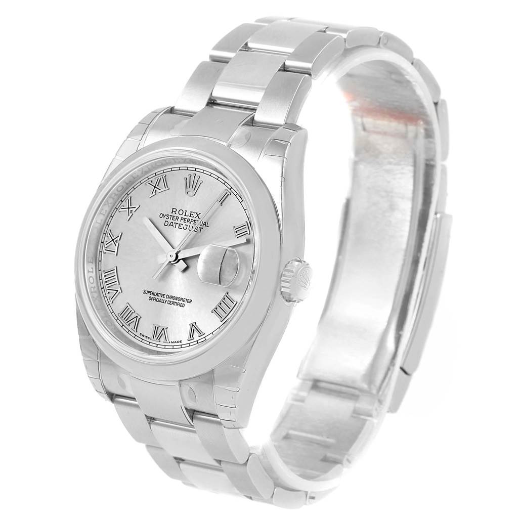 The image shows the front and side of a Rolex Datejust 116200 Men's Stainless Steel Silver Dial 116200 Men's Stainless Steel Silver Dial watch, highlighting its band, face, and crown.