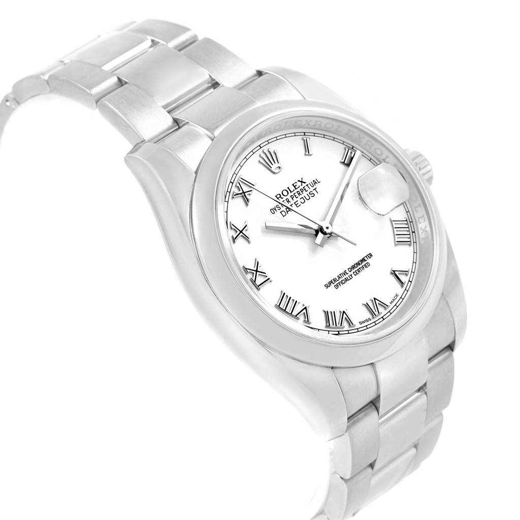 The image shows the Rolex Datejust 116200 Men's Stainless Steel White Dial 116200 Men's Stainless Steel White Dial watch from a three-quarter angle, displaying the face, bezel, crown, and part of the bracelet.