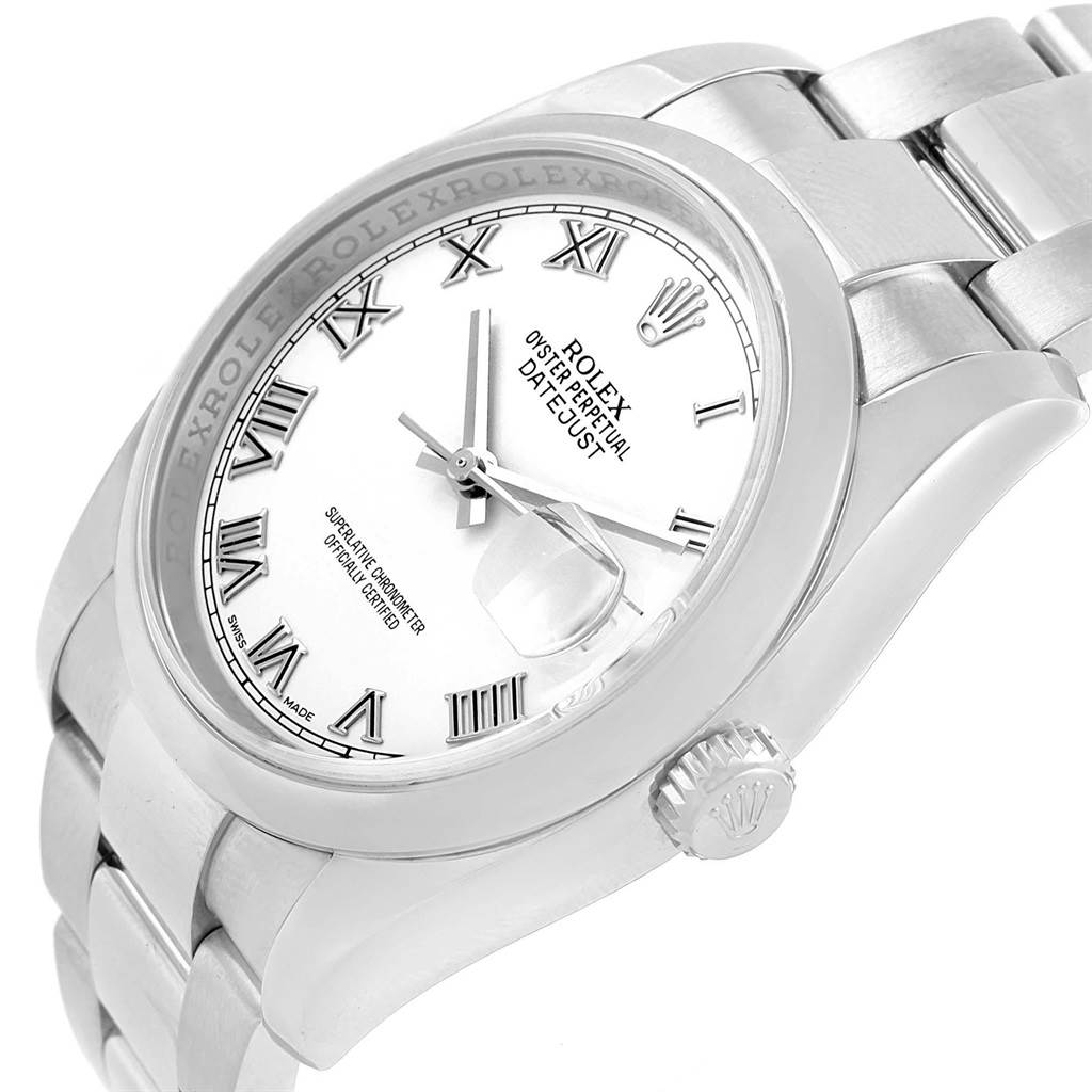 This image shows a angled view of the Rolex Datejust 116200 Men's Stainless Steel White Dial 116200 Men's Stainless Steel White Dial watch, focusing on its dial, bezel, crown, and part of the bracelet.