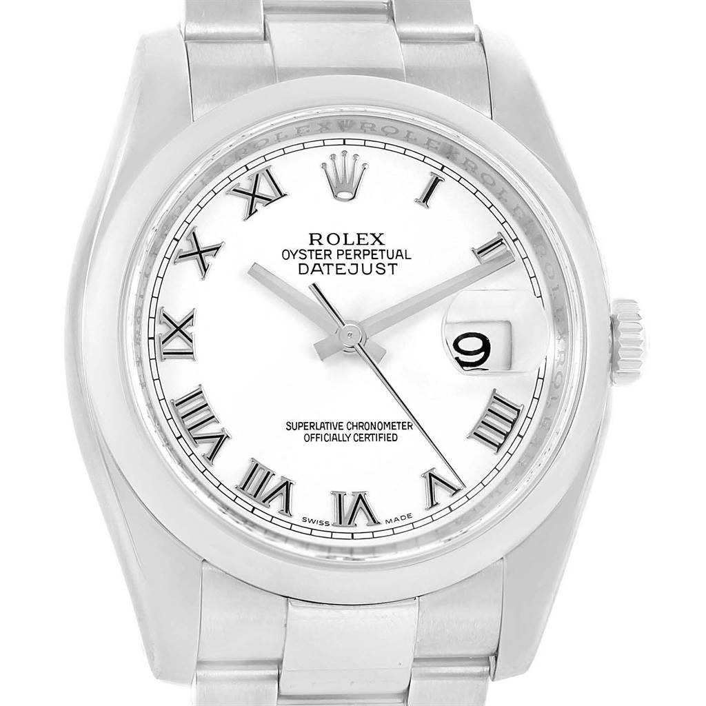 The image shows a front view of a Rolex Datejust 116200 Men's Stainless Steel White Dial 116200 Men's Stainless Steel White Dial watch, displaying the dial, Roman numerals, and part of the bracelet.