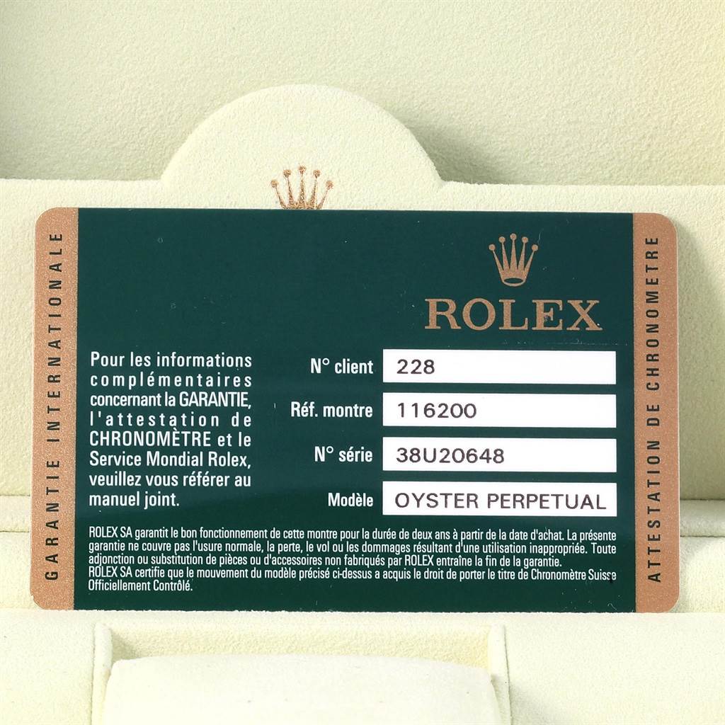 This image shows the warranty card of a Rolex Datejust 116200 Men's Stainless Steel White Dial 116200 Men's Stainless Steel White Dial model with reference 116200 and serial number 38U20648.