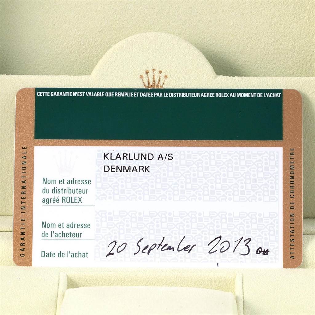 This image shows the warranty card of a Rolex Datejust 116200 Men's Stainless Steel White Dial 116200 Men's Stainless Steel White Dial watch, dated 20 September 2013.