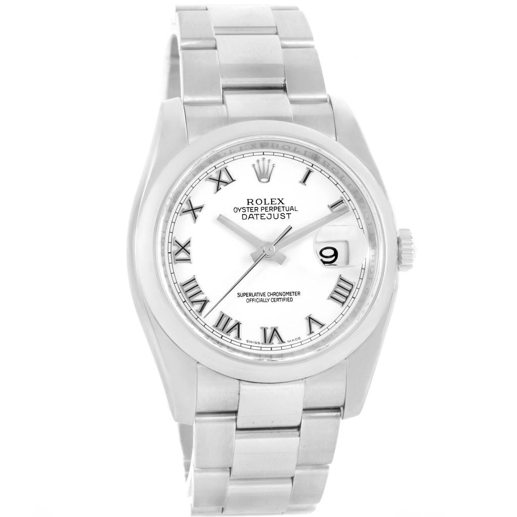 The Rolex Datejust 116200 Men's Stainless Steel White Dial 116200 Men's Stainless Steel White Dial watch is shown from the front, displaying its white dial, Roman numerals, and stainless steel bracelet.