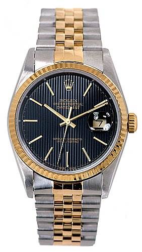 The image shows a Rolex Datejust 16233 Men's Stainless Steel Black Dial 16233 Men's Stainless Steel Black Dial watch with a two-tone bracelet, black dial, gold fluted bezel, and a date window with a cyclops lens.