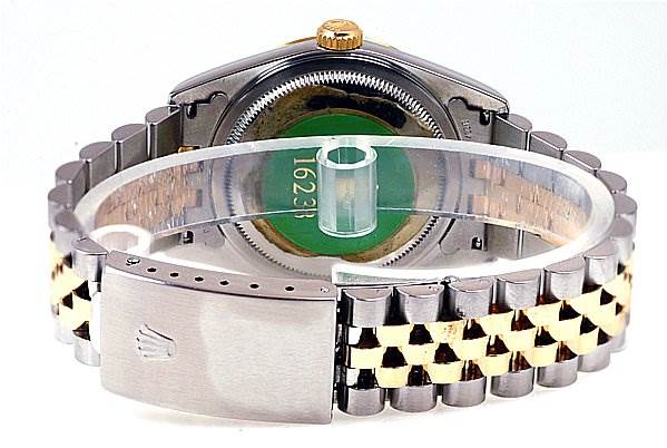 This image shows the back view of a Rolex Datejust 16233 Men's Stainless Steel Black Dial 16233 Men's Stainless Steel Black Dial watch, focusing on the bracelet and the clasp.