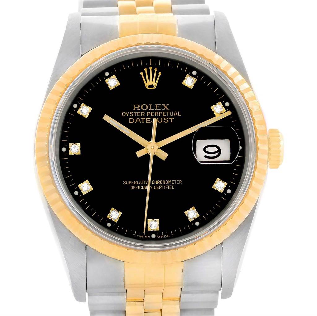 This image shows a front view of the Rolex Datejust 16233 Men's Steel and Gold (two tone) Black Dial 16233 Men's Steel and Gold (two tone) Black Dial watch, highlighting the dial, bezel, and part of the bracelet.