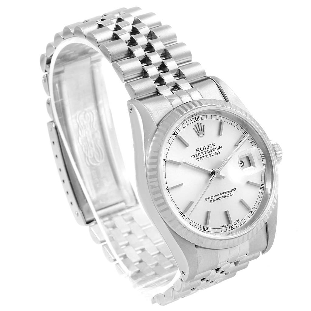This image shows a Rolex Datejust 16234 Men's Stainless Steel Silver Dial 16234 Men's Stainless Steel Silver Dial watch from an angled side view, highlighting the face, bracelet, and clasp.