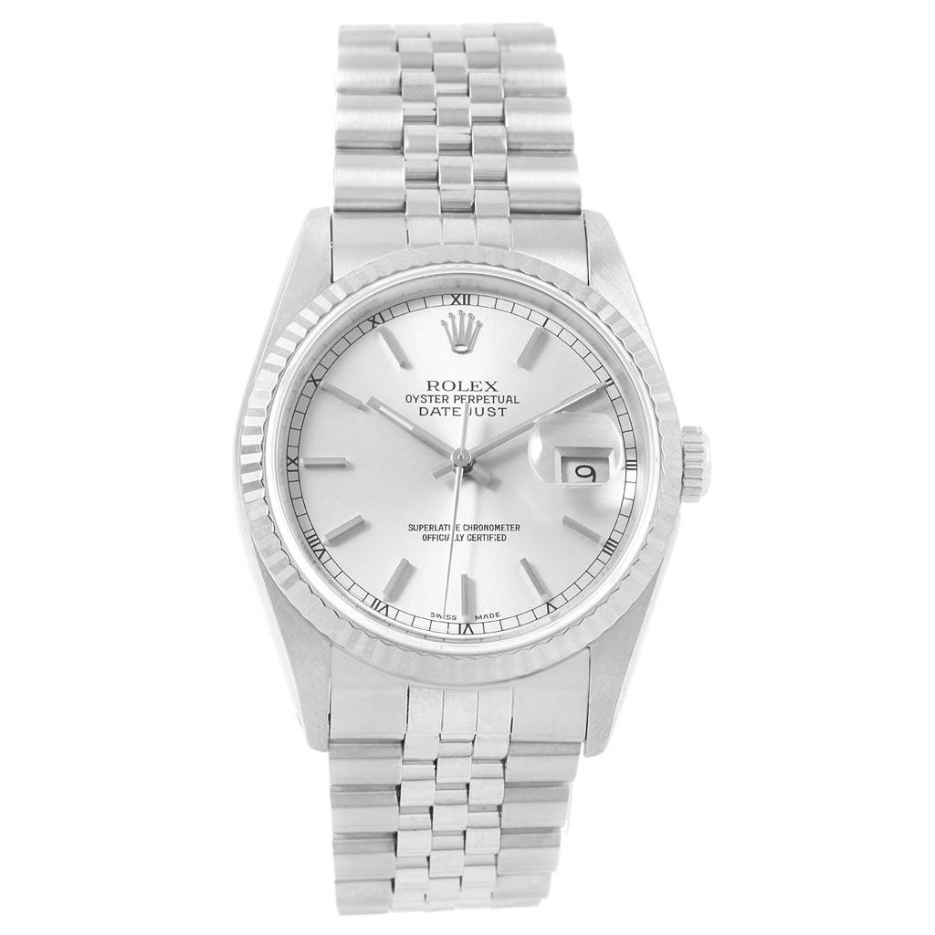 This image shows a front view of a Rolex Datejust 16234 Men's Stainless Steel Silver Dial 16234 Men's Stainless Steel Silver Dial watch, displaying the dial, bracelet, and date window.
