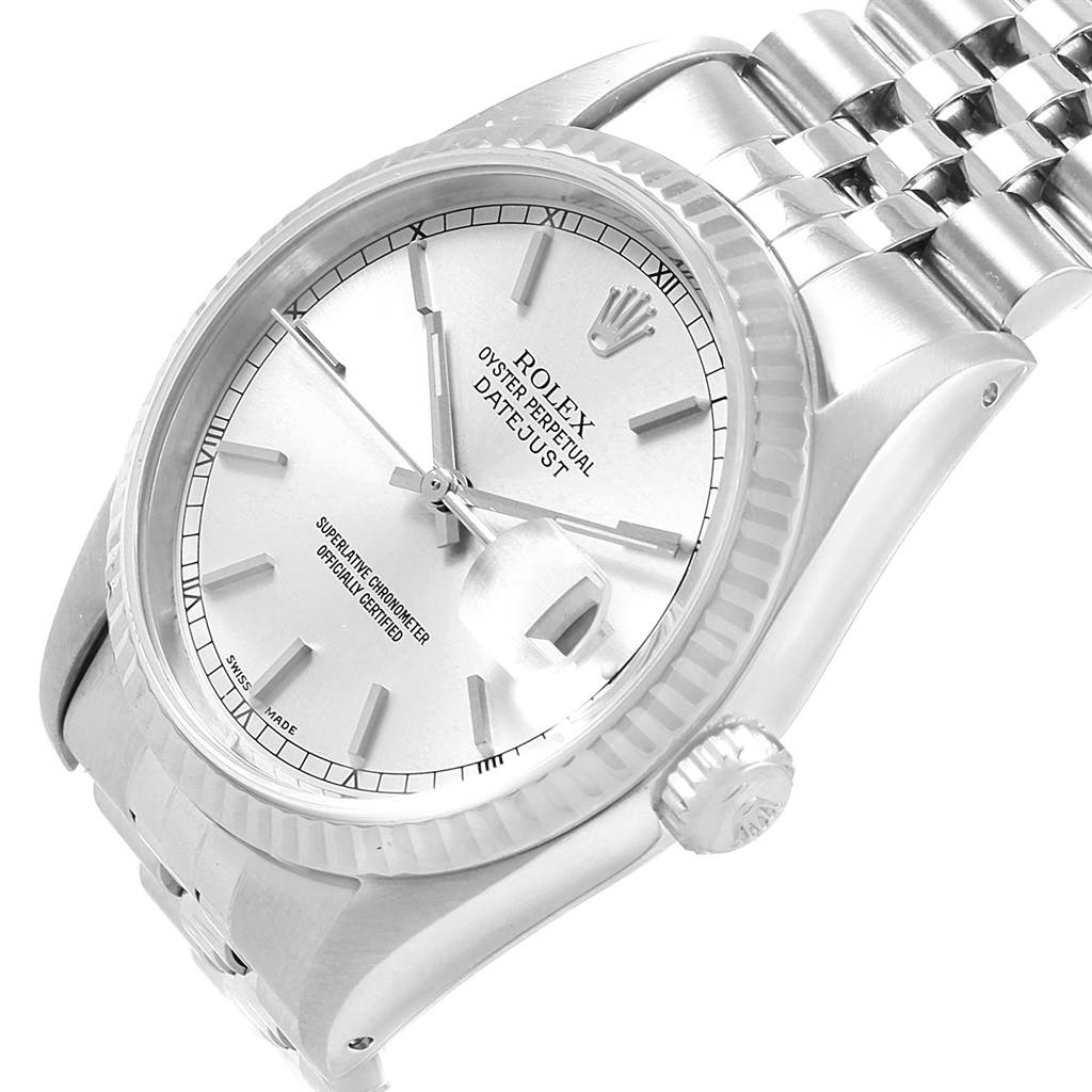 The Rolex Datejust 16234 Men's Stainless Steel Silver Dial 16234 Men's Stainless Steel Silver Dial watch is shown at an angle highlighting the face, crown, and part of the bracelet.