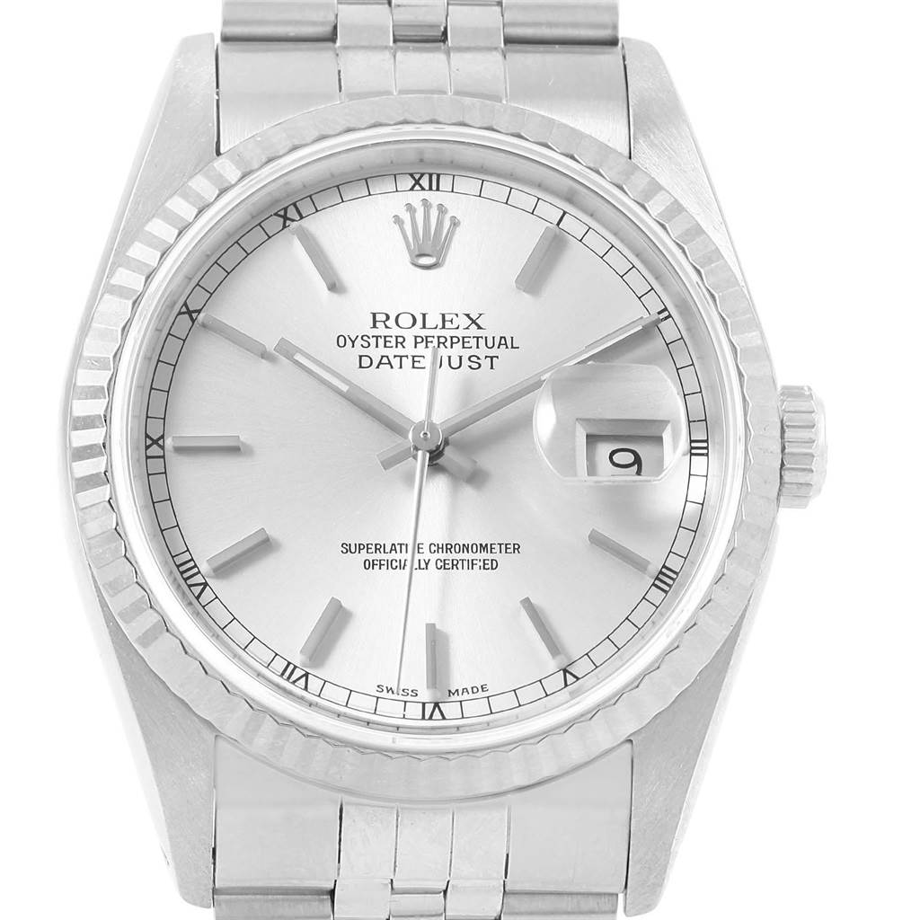 This image shows a front view of a Rolex Datejust 16234 Men's Stainless Steel Silver Dial 16234 Men's Stainless Steel Silver Dial watch, displaying the dial, fluted bezel, and part of the bracelet.