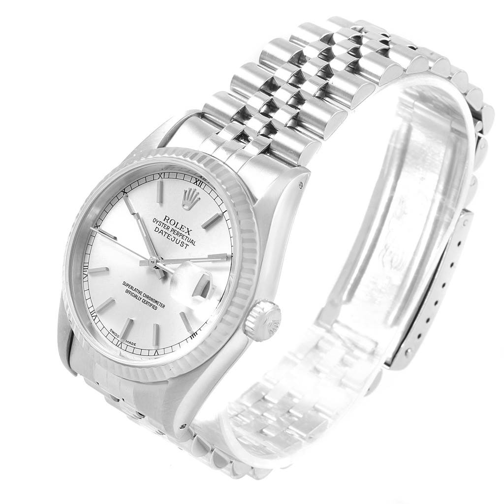 The image shows a Rolex Datejust 16234 Men's Stainless Steel Silver Dial 16234 Men's Stainless Steel Silver Dial watch displayed at an angled view highlighting the dial, bracelet, bezel, and crown.