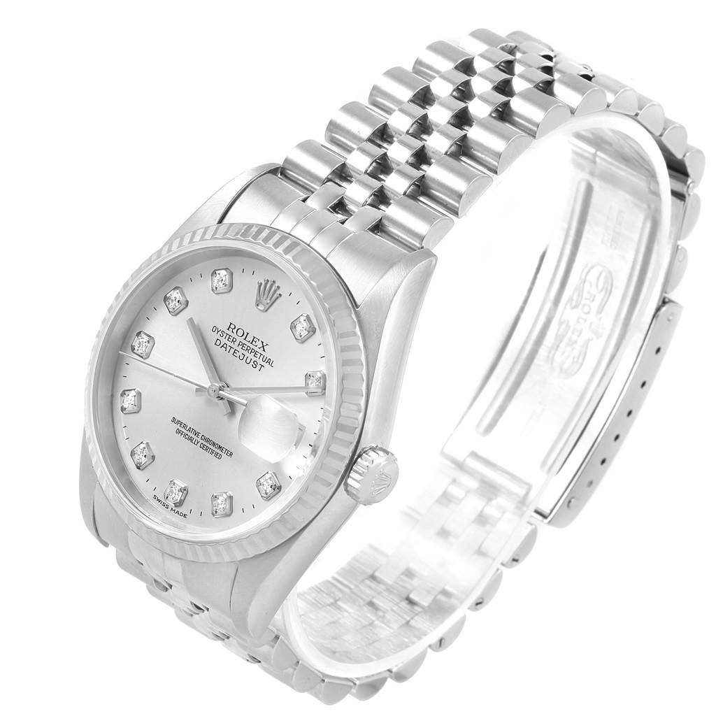 The Rolex Datejust 16234 Men's Stainless Steel Silver Dial 16234 Men's Stainless Steel Silver Dial watch is shown at an angle displaying the face, bezel, crown, and part of the jubilee bracelet.