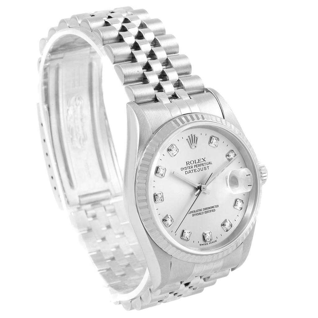 The image shows a Rolex Datejust 16234 Men's Stainless Steel Silver Dial 16234 Men's Stainless Steel Silver Dial watch at a three-quarter angle, highlighting the dial, bezel, and bracelet.