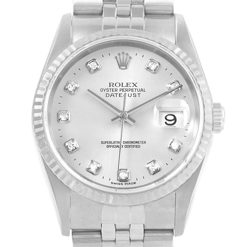 This is a front view of the Rolex Datejust 16234 Men's Stainless Steel Silver Dial 16234 Men's Stainless Steel Silver Dial watch, showing the dial, hands, date, and bracelet.