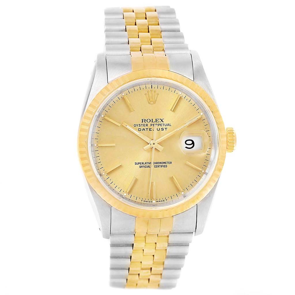 The image shows a Rolex Datejust 16233 Men's Steel and Gold (two tone) Champagne Dial 16233 Men's Steel and Gold (two tone) Champagne Dial watch from a front angle, highlighting its gold and stainless steel jubilee bracelet, dial, bezel, and date window.