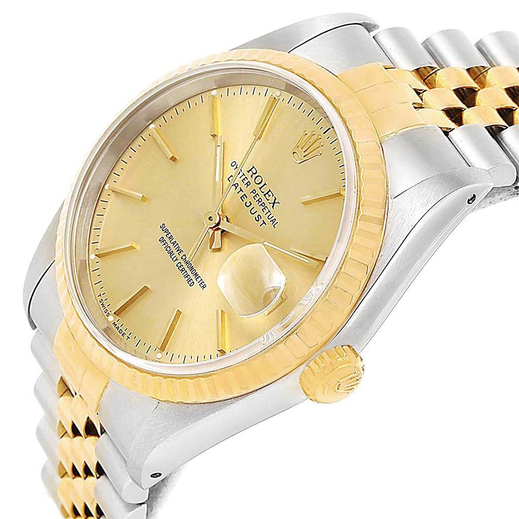 The image shows a Rolex Datejust 16233 Men's Steel and Gold (two tone) Champagne Dial 16233 Men's Steel and Gold (two tone) Champagne Dial watch at an angled view, highlighting its gold dial, bezel, and two-tone bracelet.