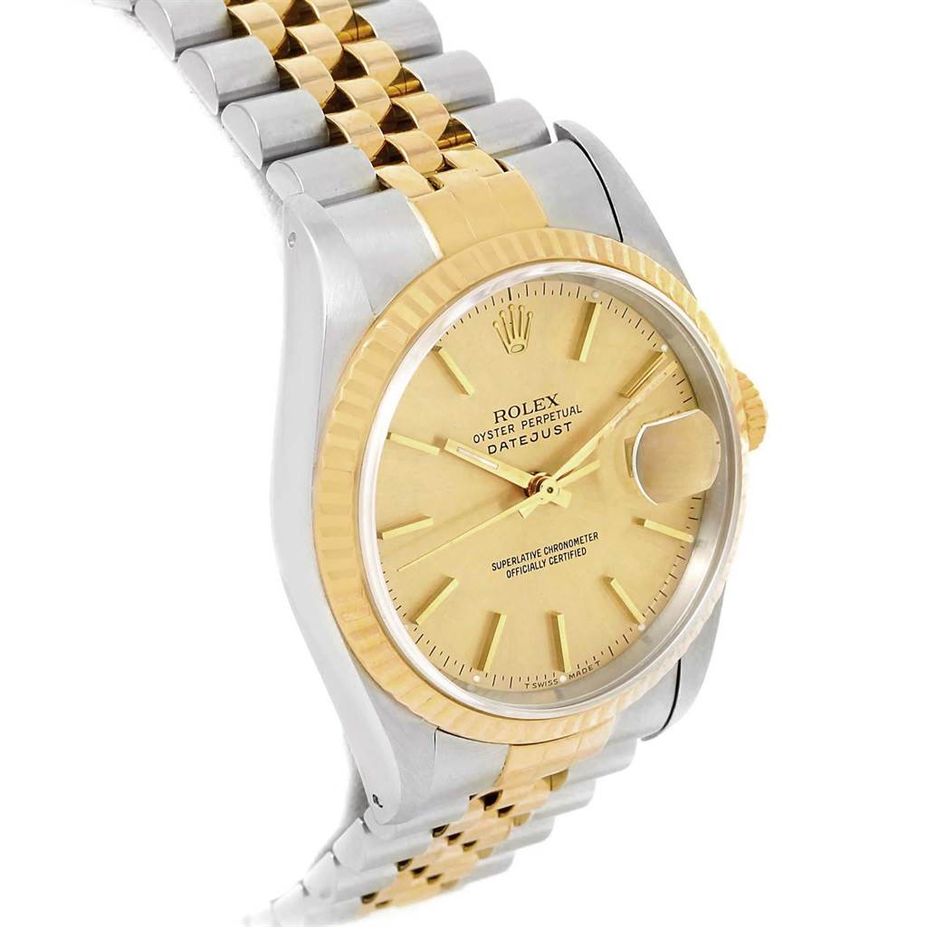 The image shows a Rolex Datejust 16233 Men's Steel and Gold (two tone) Champagne Dial 16233 Men's Steel and Gold (two tone) Champagne Dial watch at a slight angle, highlighting the face, bezel, and partial bracelet.