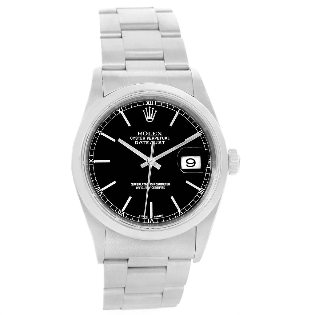 The image shows a frontal view of a Rolex Datejust 16200 Men's Stainless Steel Black Dial 16200 Men's Stainless Steel Black Dial watch, highlighting the face, hands, markers, date window, case, and bracelet.