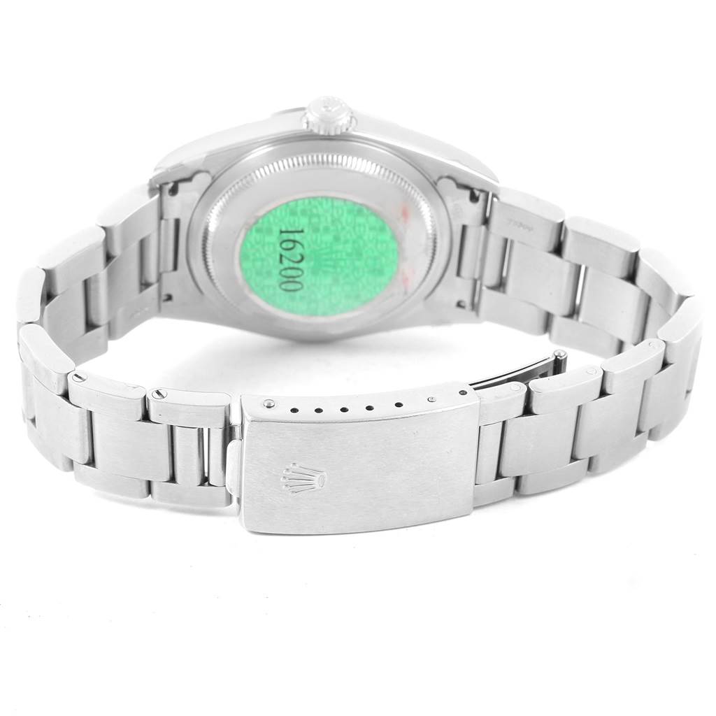 The image shows the back view of a Rolex Datejust 16200 Men's Stainless Steel Black Dial 16200 Men's Stainless Steel Black Dial watch, featuring its bracelet and clasp.