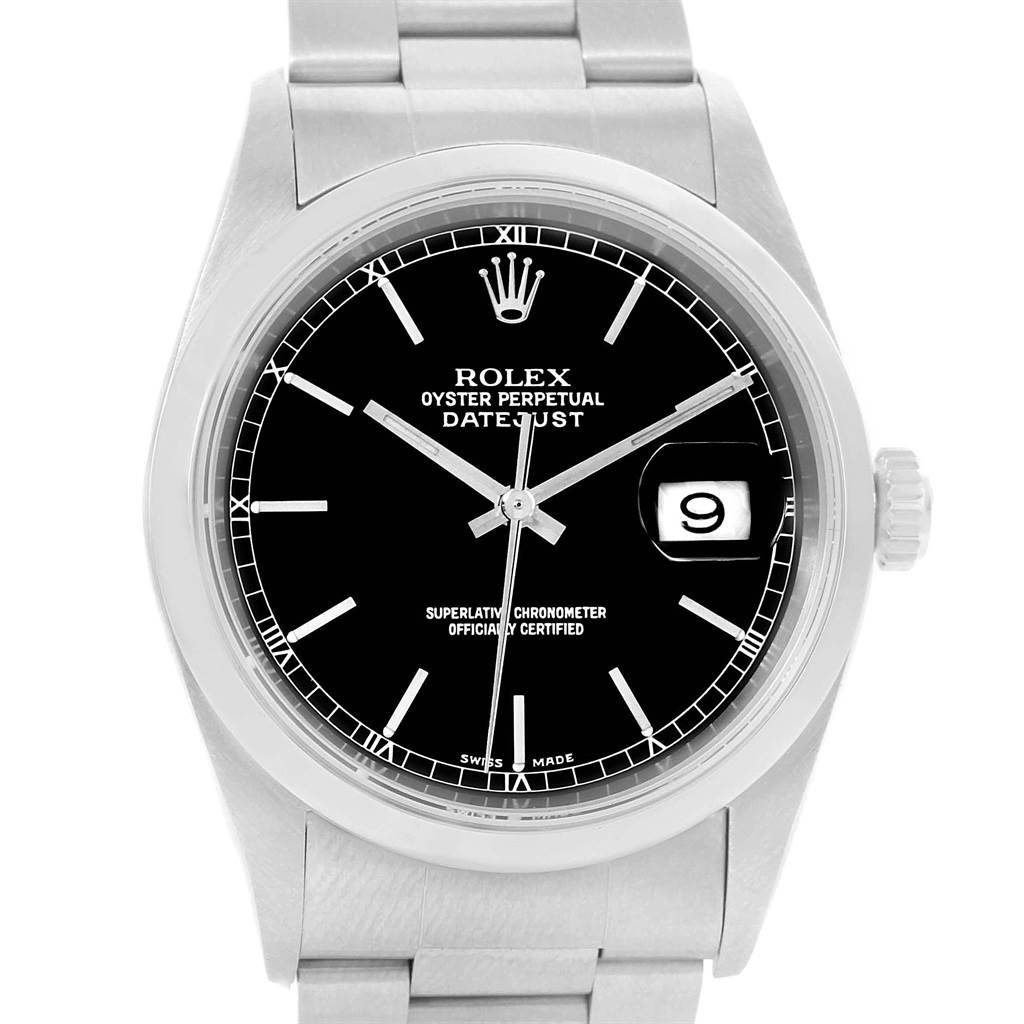 This image shows a front view of the Rolex Datejust 16200 Men's Stainless Steel Black Dial 16200 Men's Stainless Steel Black Dial, highlighting its dial, hands, and date display.