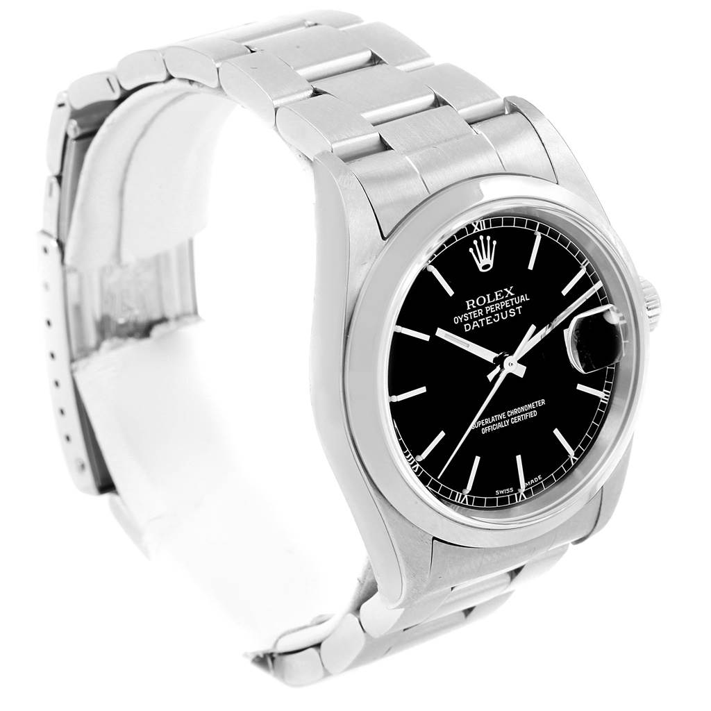 The image shows a side angle of the Rolex Datejust 16200 Men's Stainless Steel Black Dial 16200 Men's Stainless Steel Black Dial watch, highlighting its black dial and stainless steel bracelet.