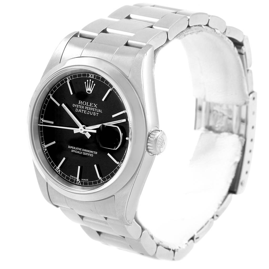 This Rolex Datejust 16200 Men's Stainless Steel Black Dial 16200 Men's Stainless Steel Black Dial watch is shown at a slight angle, highlighting the dial, bezel, bracelet, and crown.