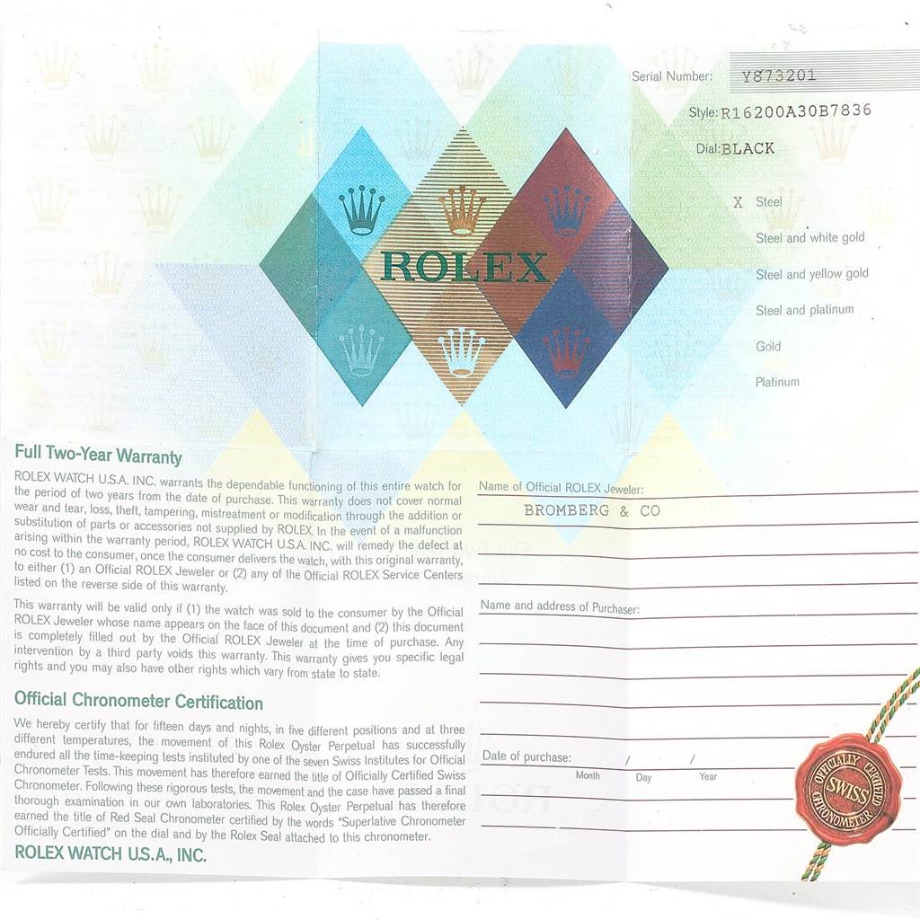 This image shows the warranty card for a Rolex Datejust 16200 Men's Stainless Steel Black Dial 16200 Men's Stainless Steel Black Dial watch, including details like serial number, model, and dealer information.